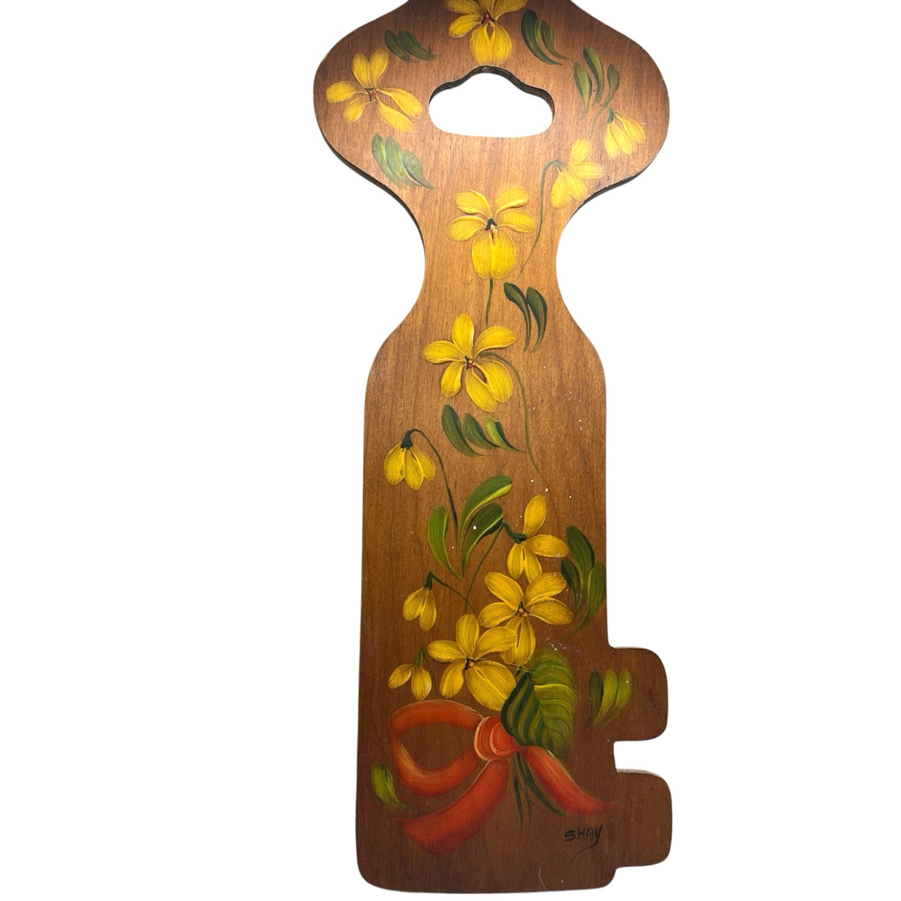 Wooden Key Yellow Flowers Hand Painted Norwegian Folk Art ROSEMALING Signed Shay